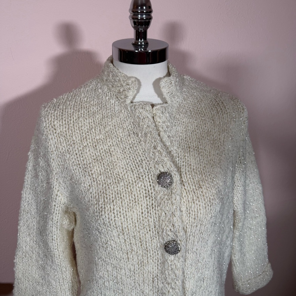 Vintage 1940 50 Retro Deco Cream wool Silver Metallic Cardigan sweater Jacket - Picture 15 of 17